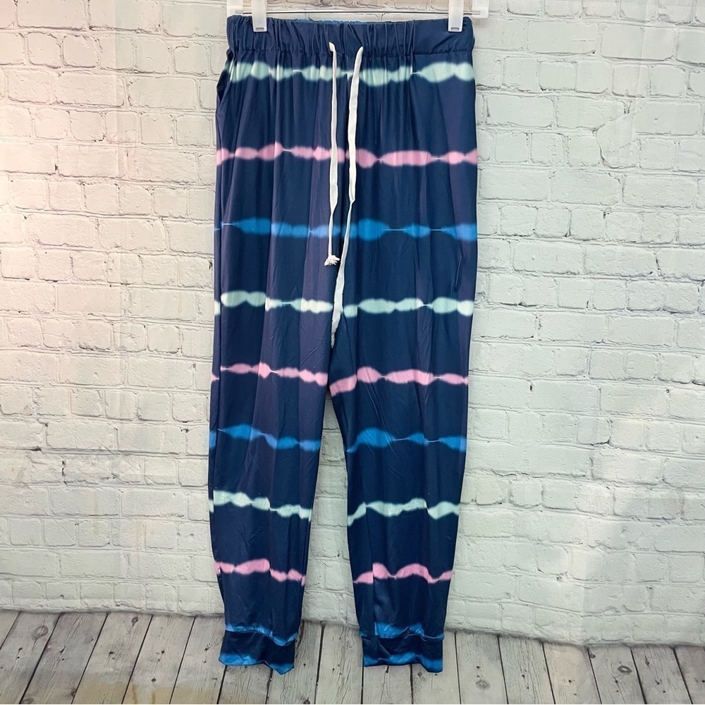 Jogger Lounge Striped Blue Pink Green Ankle Cropped Pants Size Large NWOT